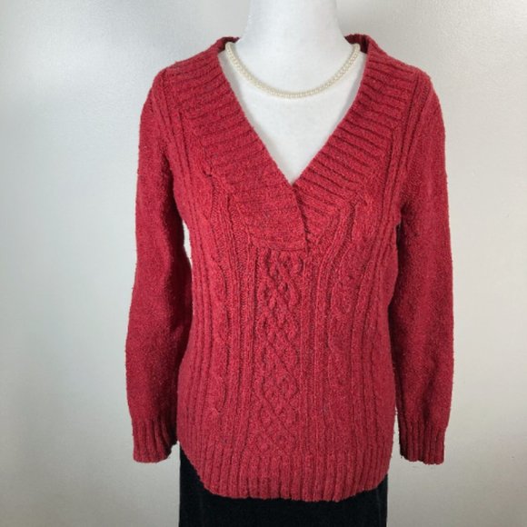 ST. JOHN’S BAY Dark heathered red chunky cable knit sweater PETITE SMALL MEDIUM - Picture 6 of 12